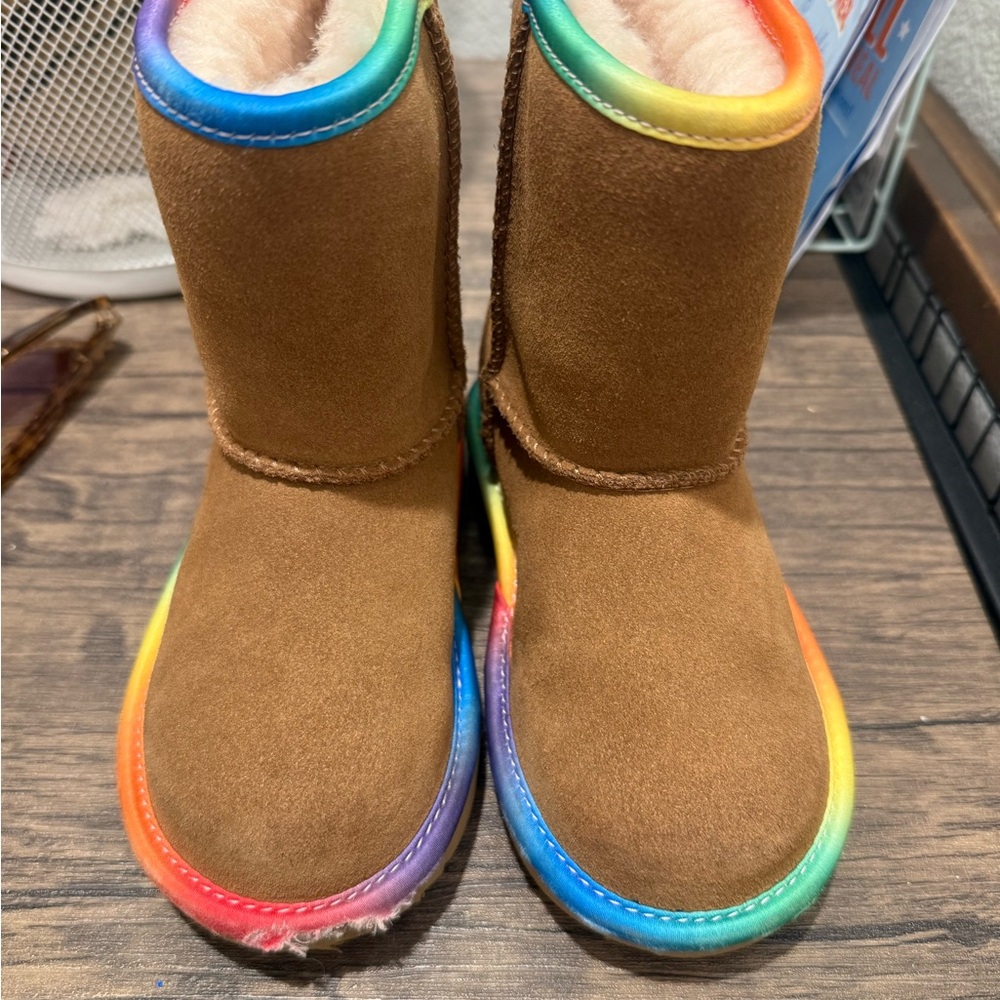 Brown Suede Ugg Kids Boots with Rainbow Trim